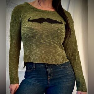 Heart N Crush Green Knit Mustache Distressed Crop Sweater
